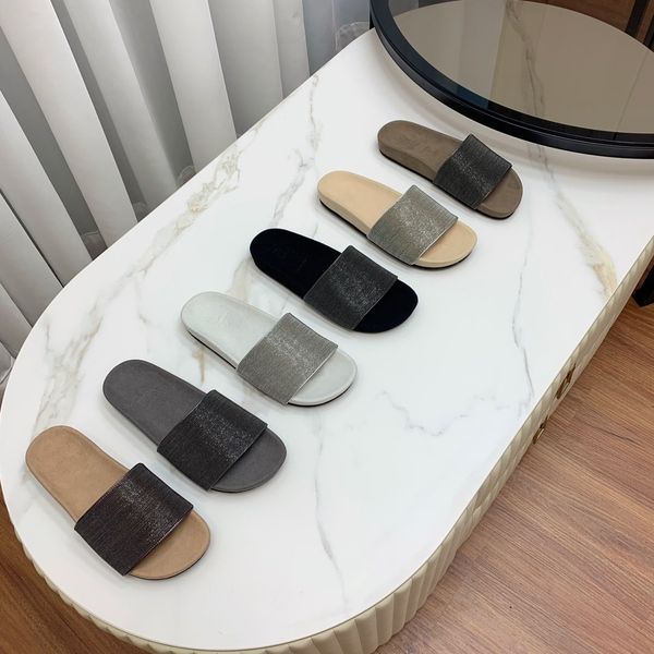 En Kaliteli Rhinestone Monili Vamp Boncuk Slaytlar Slip-On Katır Terlik Süet Sandalet Kadın Lüks Tasarımcıları Moda Günlük Kum Ayakkabıları Fabrika Ayakkabı