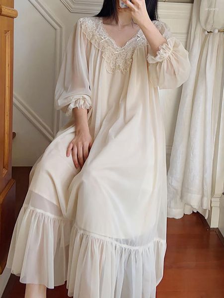 Damen-Nachtwäsche, französisches Feen-Nebel-Mesh-Nachthemd, Damen-Robe aus reiner Baumwolle, Prinzessin-Rüschen-Kleid, Frühling, romantische viktorianische Nachthemden