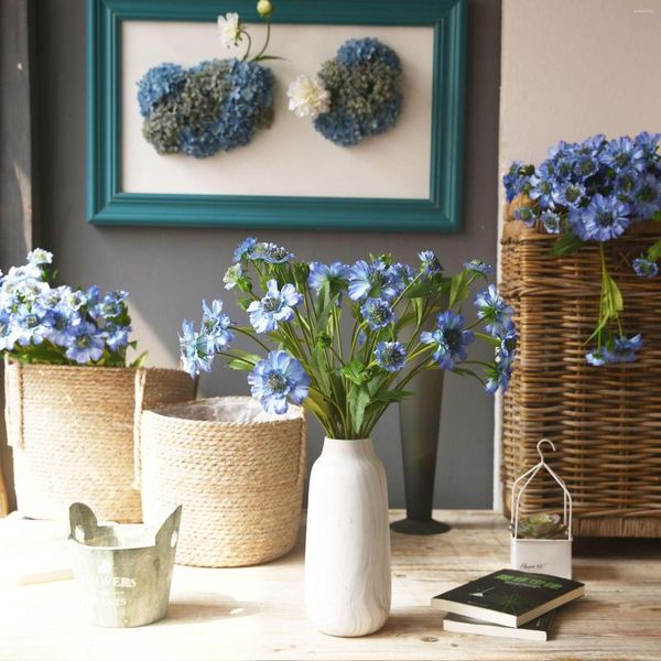 Flores decorativas 58cm artificial scabiosa flor azul pote americano sala de estar primavera floral decoração de seda ornamento
