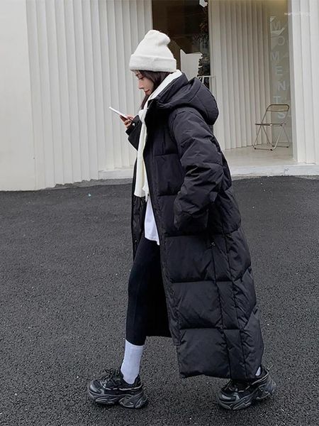 Trench da donna 2023 Stile coreano Donna Inverno Lungo Parka Con cappuccio Caldo Addensare Solido Nero Beige Cappotto imbottito in cotone femminile Piumino