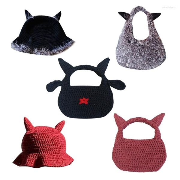 Berets Женская женская шляпа, шляпа, шляпа/сумка, дьявол, вязаная рыбак, лето на открытом воздухе, широкая крана солнечная шапка Y2K