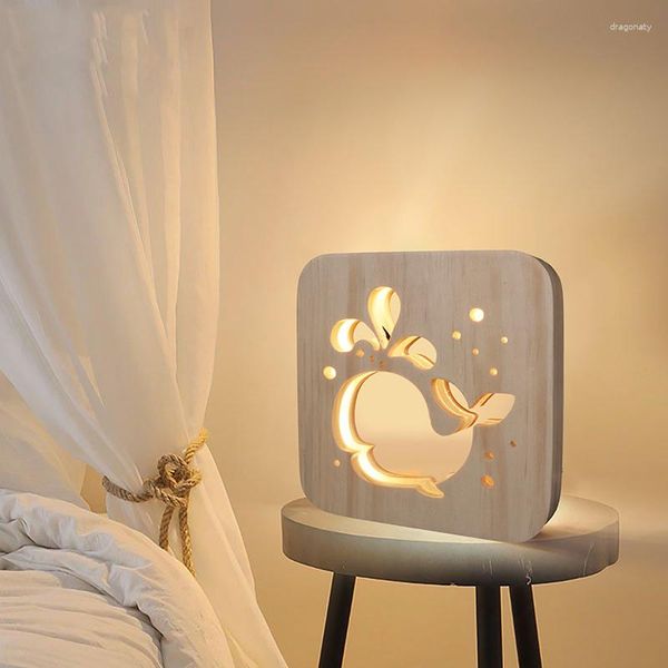Tischlampen Einfache Massivholz Handwerk Dekorative Lampe USB Led Geschenk Romantische Wal Hohlmuster
