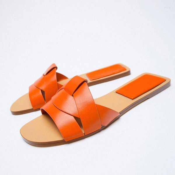 114 Сандалии-тапочки Лето женские 2024 Повседневные туфли на плоской подошве с открытым носком на низком каблуке Оранжево-коричневый 577