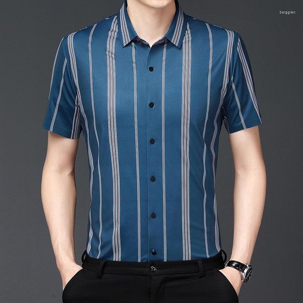 Camisas de vestido masculinas Mens Moda Roupas Tendências Listradas Camisa de Manga Curta 2023 Chegadas de Verão Masculino Colarinho Quadrado Casual Clássico