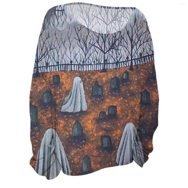 Suéter feminino outono e inverno roupas pintura vela estampa suéter halloween gola redonda manga comprida roupa de duas peças