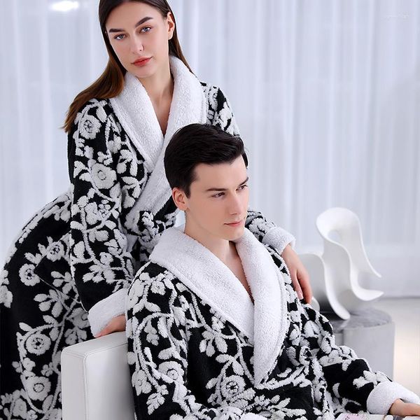 Mulheres sleepwear jacquard dupla camada engrossar robe vestido mulheres e homens inverno quente camisola coral velo amantes roupões lingerie