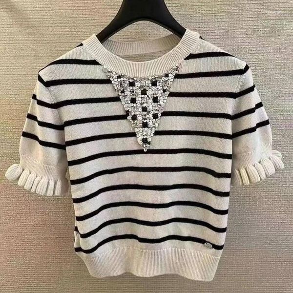 Blusas femininas 2023 verão frisado o-pescoço listra manga curta marca pista ruffler sem costas sexy moda pullovers topo