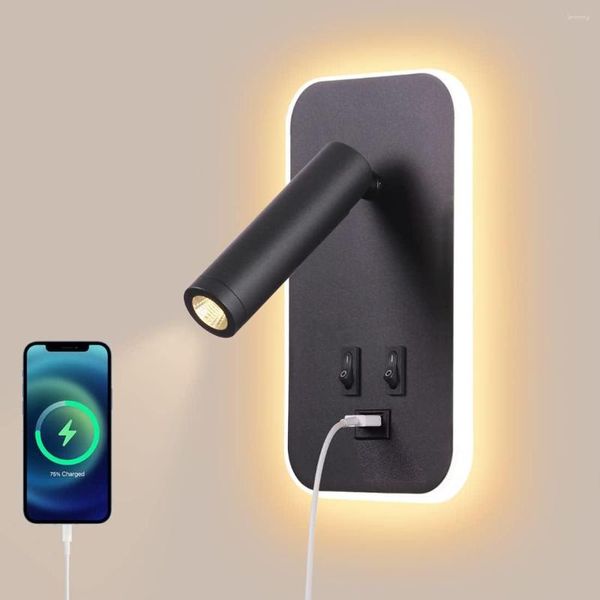 Lampada da parete a LED, luce di lettura sul comodino, bianco caldo, con interruttore, porta di ricarica USB, illuminazione d'atmosfera per camera da letto, faretto regolabile