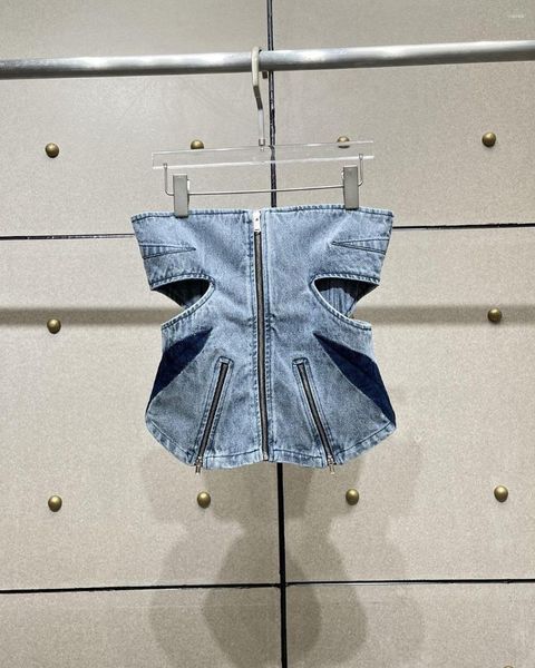 Kadın Tankları 2023 Yaz Niş Moda Seksi Dışım Dışarı Out Tasarım Yıkama Renk Eşleşen Fermuar Denim Sütyen