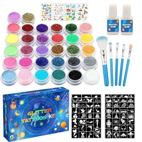 Altri accessori per tatuaggi Adesivi temporanei per il viso Trucco glitterato Kit per tatuaggi temporanei lucidi per adulti 12 fogli 26 colori glitterati 2 colla 5 pennelli 230830