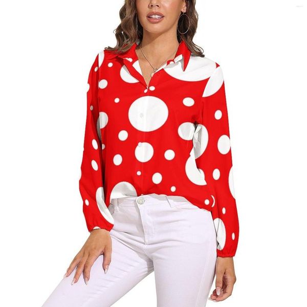 Kadın bluzları kırmızı beyaz polka nokta bluz kadınlar kusama yayoi esinlenen rahat gevşek uzun kollu ofis işi gömlek grafik üst büyük boyut