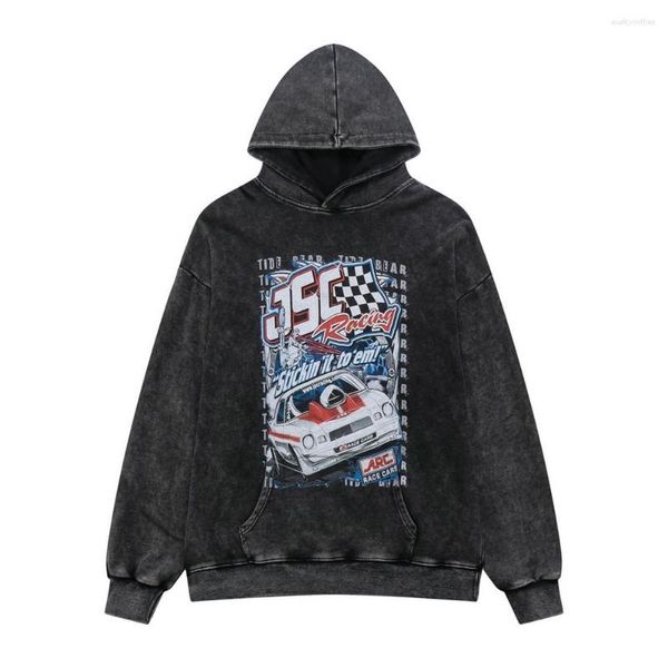 Erkek Hoodies Racing Araba Basılı Vintage Washed High Street Hoodie Uzun Kollu Hip Hop Gevşek Sonbahar Moda Harajuku Kapüşonlu Külkü