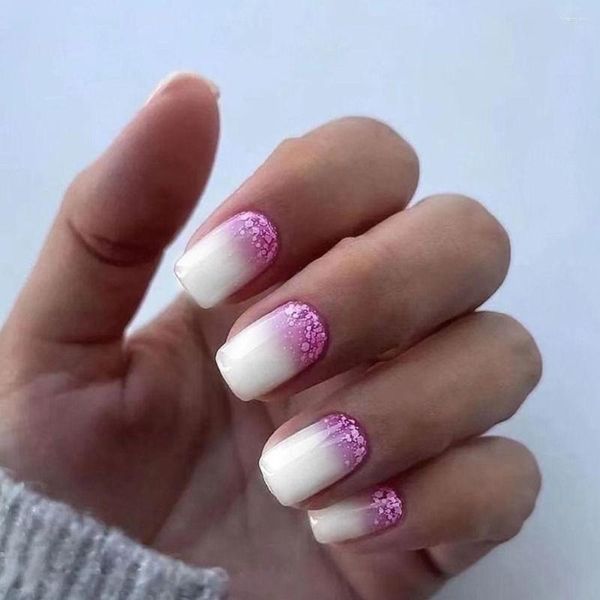 Künstliche Nägel, 24 Stück, lang, quadratisch, französische Glitzer-Sonnenblumen, gefälschte Nials, vollständige Abdeckung, zum Aufdrücken, DIY, abnehmbare Nagelspitzen