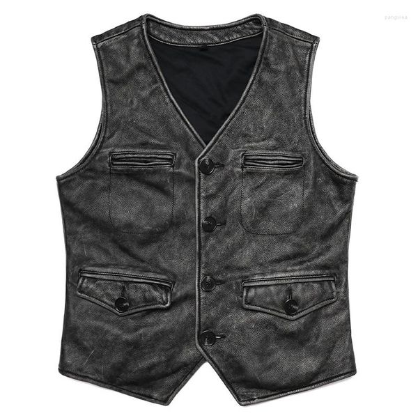 Gilet da uomo Gery Gilet vintage in vera pelle da uomo Abbigliamento da lavoro in pelle bovina naturale Giacca senza maniche slim stile safari