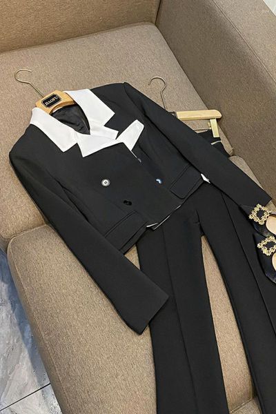 Ternos femininos 2023 senhora vintage preto branco colorblock casaco de escritório feminino manga longa bouble-breasted curto blazer