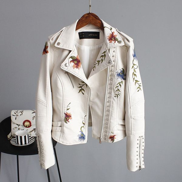 Mulheres de couro falso estilo punk jaqueta macia bordado floral plutônio motocicleta epaulet zíper outerwear chaqueta 230831