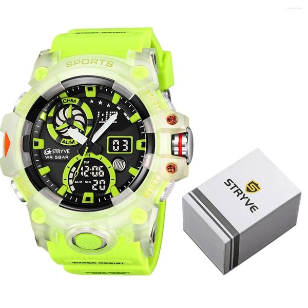 Нарученные часы Stryve Brand Watch Men Dual Dislay светодиодные цифровые аналоговые наручные часы Молодежные секундомеры спортивные электронные кварцевые водонепроницаемые мужские часы