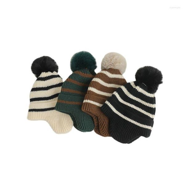 Cappelli invernali per ragazze ragazzi berretto berretto largo con pompon palla berretti lavorati a maglia morbidi a righe bambini caldi casual all'aperto coreano