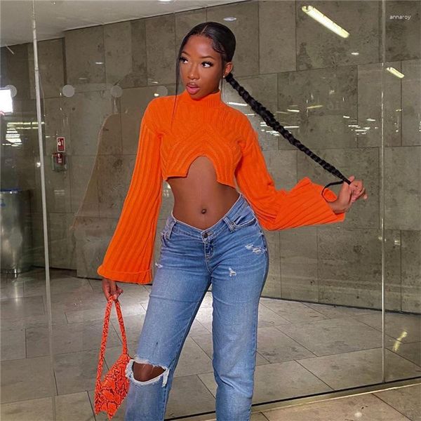 Damenpullover Orange Rollkragenpullover Strickoberteile für Frauen Elegant Sexy Flare Langarm Crop Pullover Herbst Winter Fashion Club Party