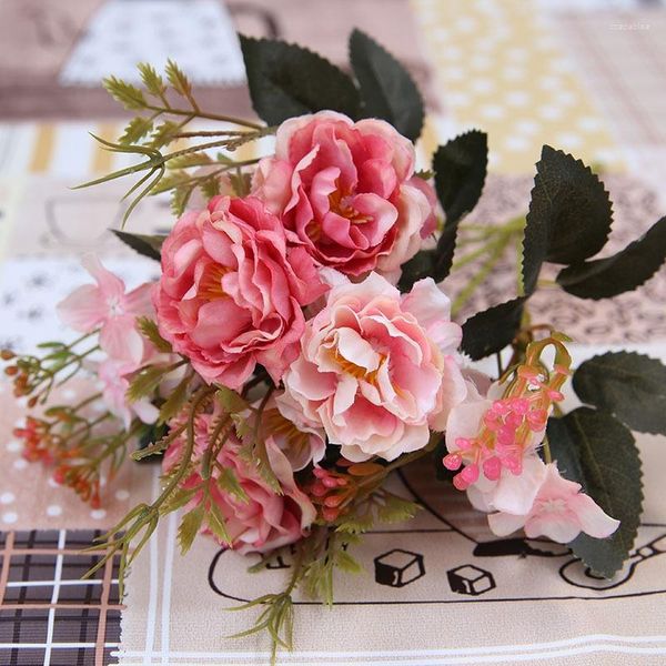 Fiori decorativi simulati in stile europeo, rose finte, rose tea, palline ricamate, decorate per anniversario di matrimonio, festa di compleanno, sposa in possesso