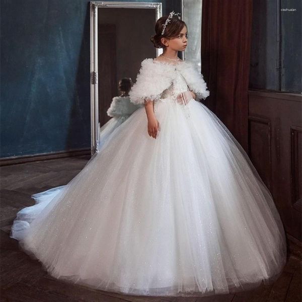 Mädchen Kleider Weiße Spitze Kurzen Ärmeln Flauschigen Blumenmädchen Bodenlangen Erstkommunion Kleid Prinzessin Für Hochzeit