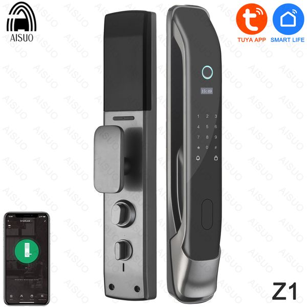 Serrature per porte AISUO Z1 TUYA WIFI Sblocco remoto Password temporanea Impronta digitale Chiave magnetica Smart Lock completamente automatica 230830