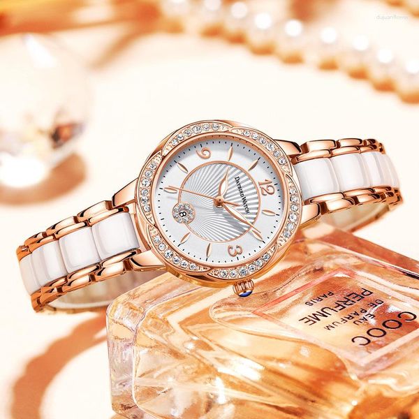 Relógios de pulso 2023 senhoras relógio calendário luminoso impermeável pérola cerâmica pulseira de aço inoxidável diamante