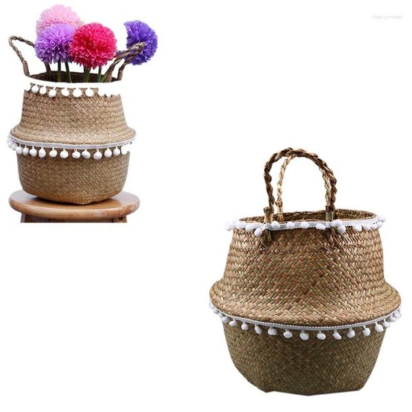 Cestini portaoggetti S/M/L Fatto a mano in bambù pieghevole Seagrass Cesto della biancheria intrecciata Vaso da fiori da giardino Contenitore per giocattoli con nappa bianca