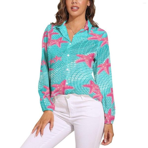 Camicette da donna Camicetta con stampa animalier carina Camicia streetwear a maniche lunghe con grafica alla moda con stelle marine rosa Top oversize primaverili