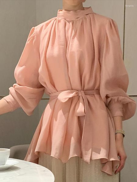Женские блузки Корейский шикарный шифяный шифоновый рукав блузки Женщины весна осень элегантная туника шнурка