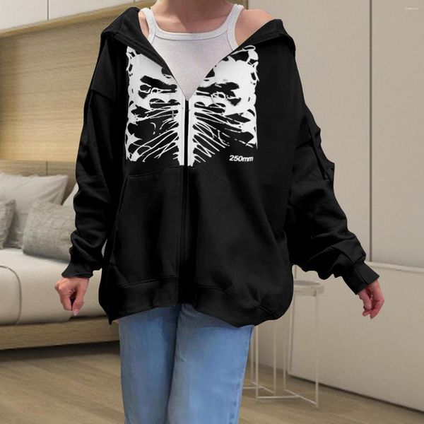 Felpe con cappuccio da donna con zip per donna manica lunga grafica scheletro felpa allentata vintage giacca High Street Kpop vestiti Halloween casual