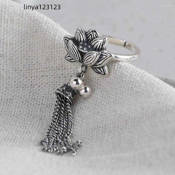 Anéis de cluster S925 Pure Silver Jóias Moda Lotus Beads Tassel Pingente Modelos Femininos Ajustáveis Thai Woman Ring