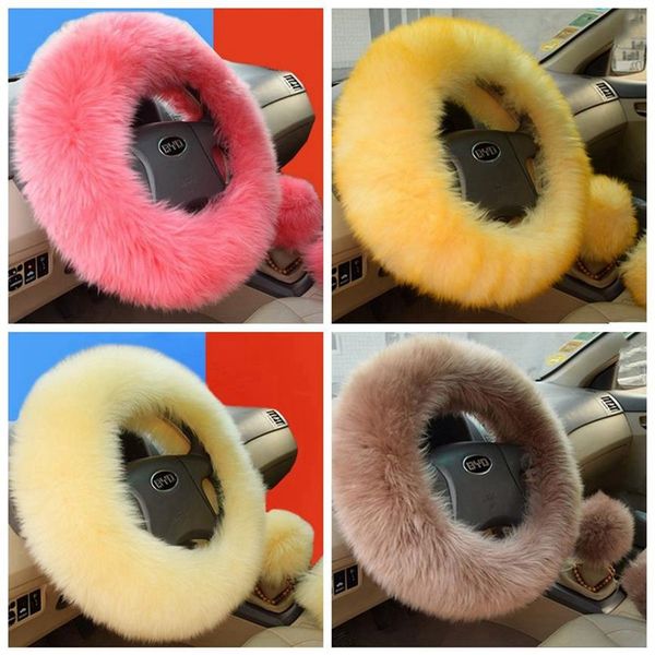 3 pçs conjunto macio de pelúcia carro lã volante capa peludo fofo inverno longo pelúcias quentes acessórios interiores acessórios221n