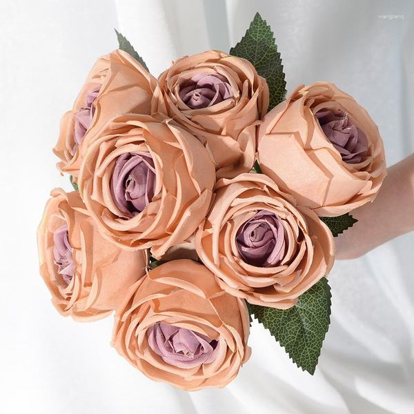 Fiori decorativi Bouquet di rose artificiali rustiche 7 fiori finti di peonia di seta a testa grande per la decorazione domestica della festa nuziale della sposa finto fai da te