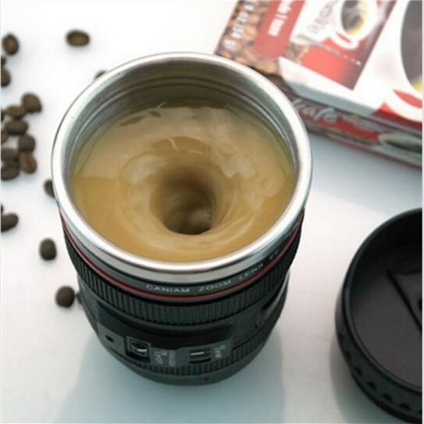 Kreative 400 ml Edelstahl Kameralinsenform Selbstrührende Becher Tasse Büro Thermoskanne Kaffee Teetasse Neuheit Geschenke Cool Black 20237Z