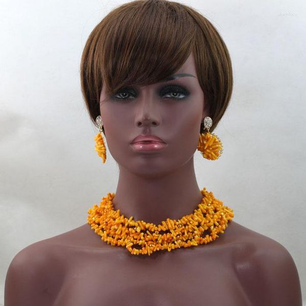 Halskette Ohrringe Set 4 Reihen Kristallperlen Korallenschmuck Nigerianisches Hochzeitszubehör Afrikanisches Kostüm ALJ757