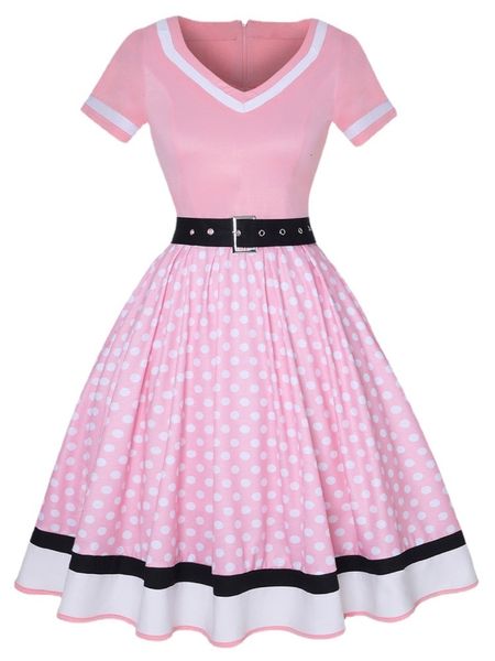 Grundlegende Freizeitkleider Vintage 50er 60er Jahre Partykleid mit Gürtel Polka Dot Print Kurzarm Hepburn Robe Pin Up Rockabilly 230830