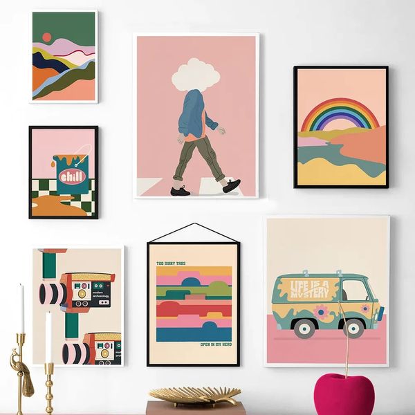 Cartoon abstrakte bunte Poster schrulligen Regenbogen Himmel Auto Leinwand Malerei Druck Kinderzimmer Wandbild Bild Wohnzimmer Schlafzimmer Home Decor kein Rahmen Wo6