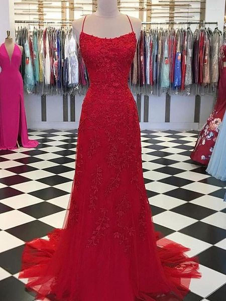 Abiti da festa Vintage in pizzo rosso Prom Sirena Senza spalline Incrociato sul retro Sweep Train Abiti da sera da sposa da donna Maxi personalizzati