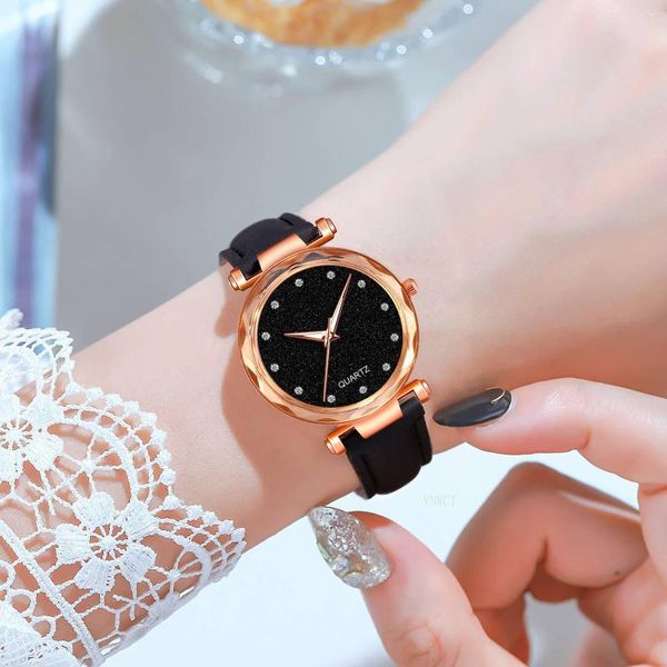 Relógios de pulso Sdotter couro preto senhoras relógio pulseira conjunto romântico céu estrelado quartzo diamante relógio montre femm