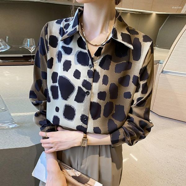 Blusas femininas em estoque pronto estilo europeu e americano estampa de leopardo lapela solta camisa de manga comprida