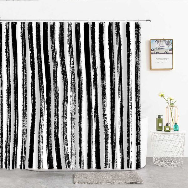 Tende da doccia Tende da doccia con motivo in bianco e nero Semplicità moderna Tenda da bagno a strisce geometriche Decorazione per vasca da bagno Prodotti per il bagno