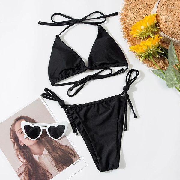 Mulheres Swimwear Biquíni Brasileiro Conjunto Triângulo Maiô Natação Terno Preto Feminino Halter Micro String Banheira Biquini Sexy