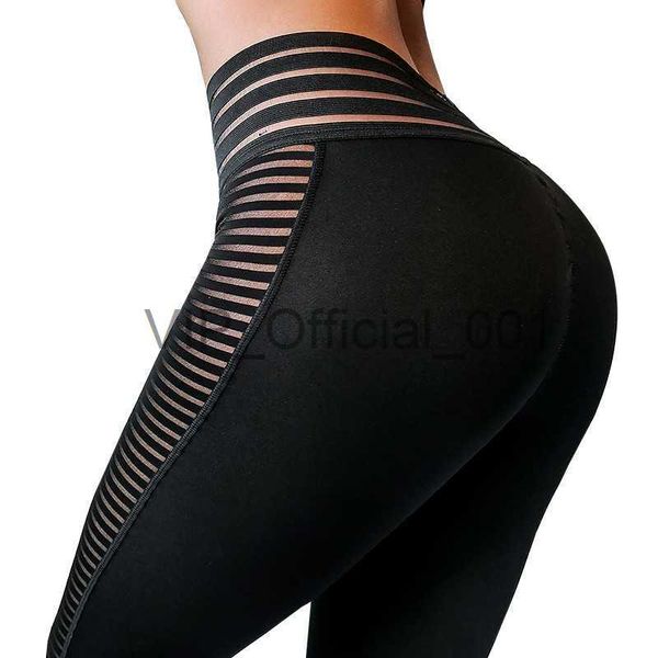 Pantaloni da yoga con cuciture in rete leggings sportivi slim da fitness attraverso leggings a righe carne da donna x0831