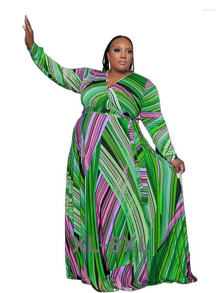 Plus size vestidos para roupas femininas com decote em v manga longa tie dye print elegante maxi vestido atacado 3xl 4xl 5xl 6xl