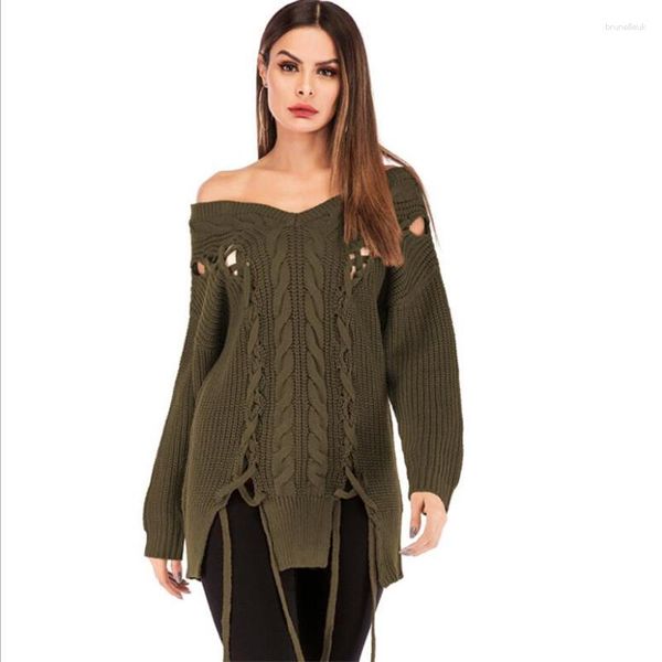 Kadın Sweaters Ianlan Spring Womens Seksi V yakalı akrilik içi boş kazık uzun kollu gevşek omuz örgü il00464