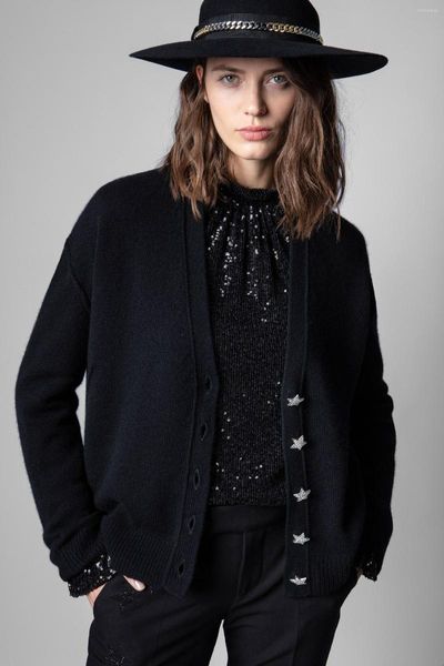 Malhas femininas primavera e outono camisola feminina estrela strass botão manga comprida cashmere cardigan