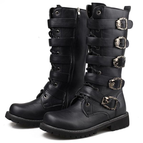 Stiefel Männer Motorradfahrer Militärische Taktische Metall Punk Stil Mann Rock Mittlere Wade Gothic Große Größe Leder Herren Schuhe 230831