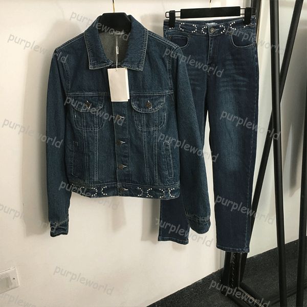 Lüks denim ceket kadın perçin tasarımı bahar sonbahar gündelik ince takım çift ceket kot gevşek moda denim takım elbise