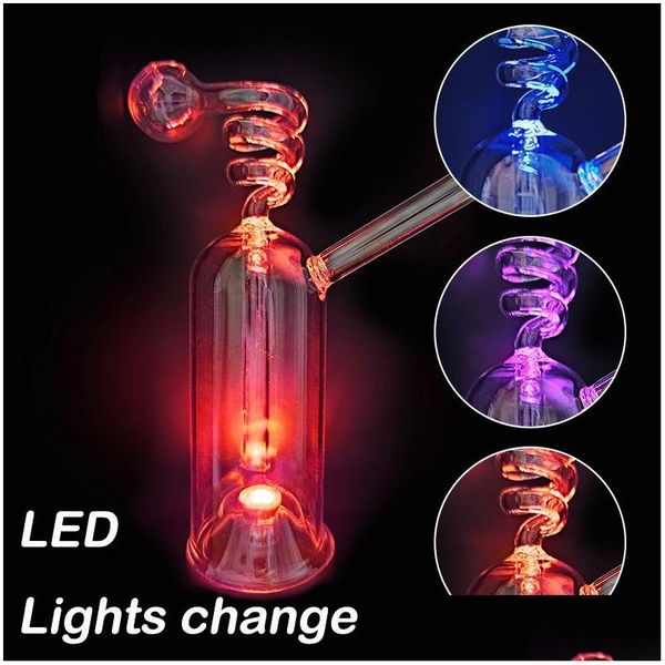 Outros acessórios para fumar LED Glow Glass Hookah Spiral Pipe Smoke Shisha Diposable Pipes Oil Burner Ash Catcher Bong Percolater Whole Dhind